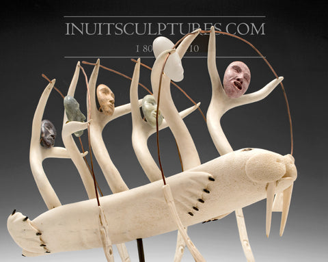 18" Masterpiece Whale Bone Umiak (Boat) by world famous Bob Kussy & Goota Ashoona