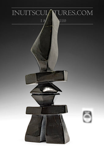 10" Striking Black Inukshuk by Allan Oshutsiaq